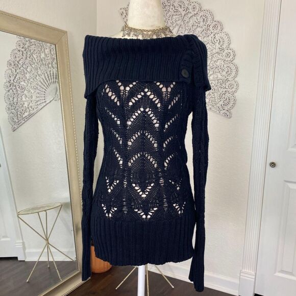 Guess Jeans Early 2000's Black Knit Off The Shoulder Long Sleeve Sweater S - Picture 2 of 7